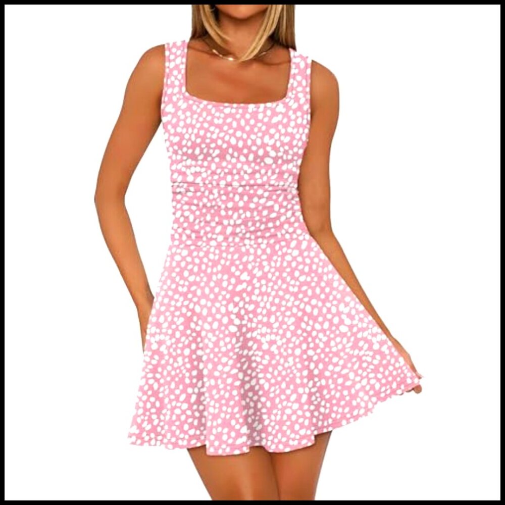 Summer Square Neck Sleeveless Mini Dress Ruched Waist Fit Flare Pleated - Picture 3 of 7